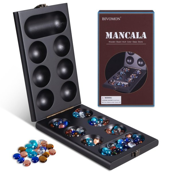 BIVOMON Wooden Mancala Board Game-Classic Table Games-72+8 Bonus Multicolored Glass Stones-Portable Travel 2 Player for Kids & Adults