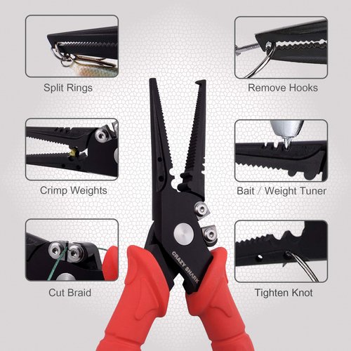 Fishing Pliers, Stainless Steel Fishing Tools, Saltwater Resistant Fishing Gear, Tungsten Carbide Cutters, Split Ring Pliers, Hook Remover with Coiled Lanyard and Sheath (Red - 7" Split Ring Nose)