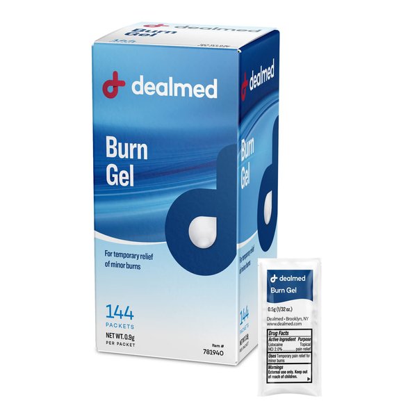 Dealmed First Aid Burn Gel – Made in the USA, First Aid Gel for Temporary Relief of Minor Burns, Cuts, and Scrapes, 144 Packets/Box (.5g) - Pack of 1