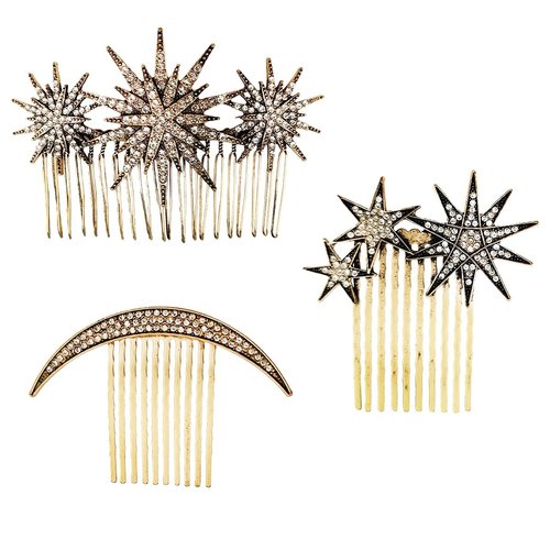 3PCS Stars and Moons Hair Accessories Alloy Vintage Hair Side Combs for Women Decorative Moon Hair Clip Retro Rhinestone Star Hair Combs with Teeth Grip Barrettes for Bride Wedding Women and Girls