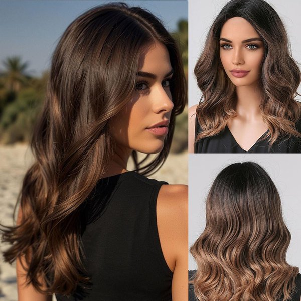 Allbell Bob Wigs for Women,Brown Mid Length Wavy Wig with Dark Roots,Short Wavy Bob Wig,Ombre Brown Middle Part Synthetic Wig(18IN)