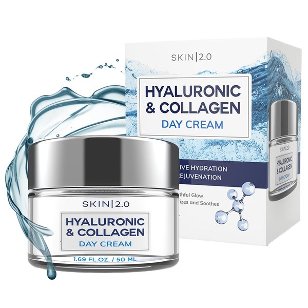Skin 2.0 Hyaluronic Acid and Collagen Daily Face Moisturizer - Long-lasting Hydration & Moisture, Anti-aging, Skin Firming Day Cream - Cruelty Free Korean Skin Care For All Skin Types - 1.69 Fl. oz