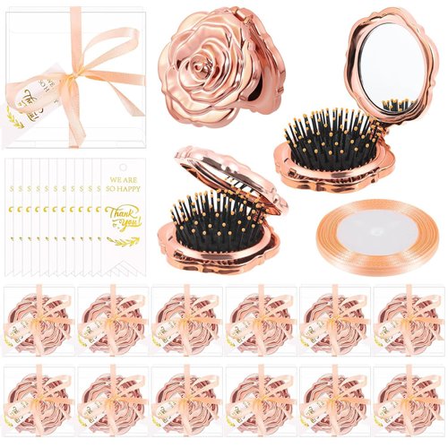 12 Set Mini Pocket Travel Mirror Brush Bulk Wedding Favors Including Rose Pocket Travel Mirror Brush Thank You Tags Plastic Clear Boxes with Ribbons for Bridal Shower Favors Party Guests Souvenir Gift