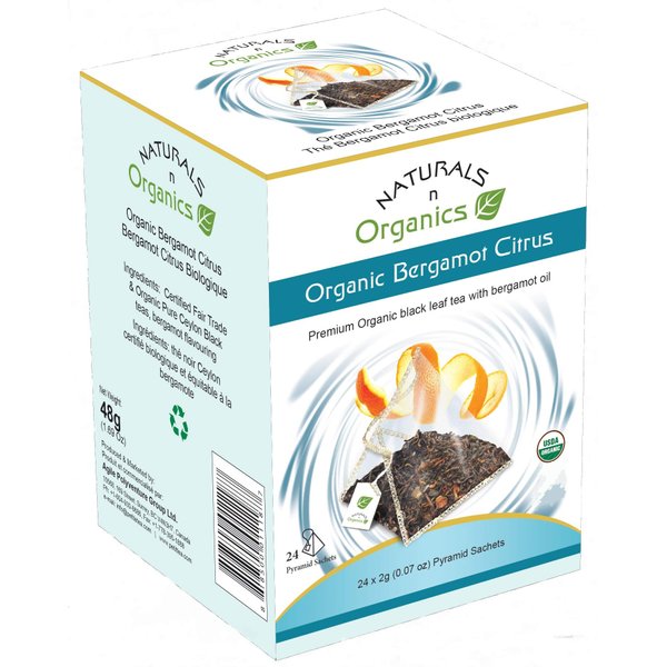 Naturals-n-Organics Organic Bergamot Citrus Earl Grey Tea with Natural Italian Bergamot Oil for Autophagy and Detox, 24 Bio-degradable Pyramid Tea Bags
