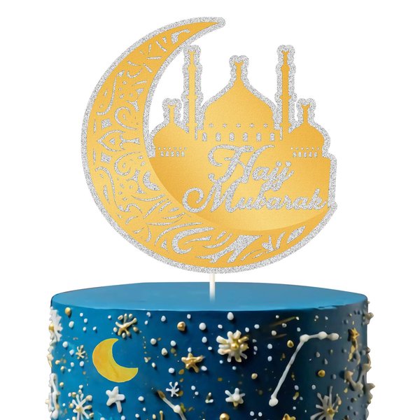Gold Glitter Hajj Mubarak Cake Topper - Eid Mubarak Festival Anniversary Party - Muslim Islam Celebration Decoration-Ramadan Party Supplies.