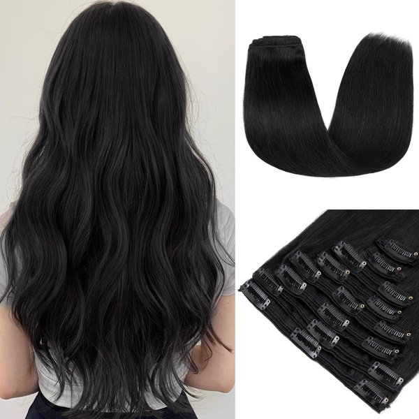 Double Weft 100% Clip in Remy Human Hair Extensions #1 Jet Black 10''-24'' Full Head Thick Thickened Long Soft Silky Straight 8pcs 18clips for Women Fashion 16" / 16 inch 130g