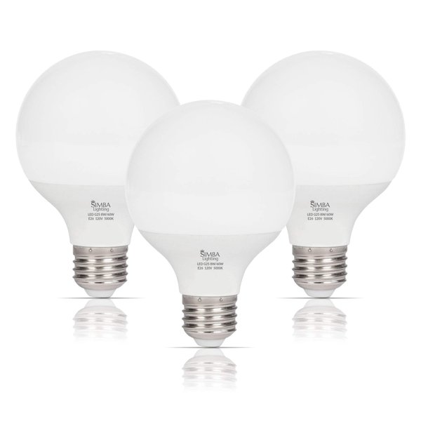 Simba Lighting LED Vanity Globe G25 (G80) Light Bulb for Bathroom, Makeup Mirror | Decorative White Frosted Cover, 8W, 60W Equivalent, 120V, Standard E26 Medium Base, Daylight 5000K, Pack of 3