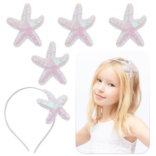 LACGO Set of 5 Starfish Hair Accessories - Mermaid Hair Clips Sequins Glitter Headband Sea Star Barrettes for Toddler Girls Women Beach Wedding Birthday Anniversary Holiday(White)