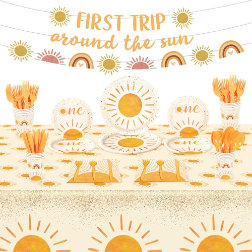 First Trip Around the Sun Birthday Decorations Boho Sun Party Decorations 1st First Birthday Decorations for Girls Boy Baby Plates Napkins Tablecloth Banner Sunshine Theme Baby Shower Party Supplies