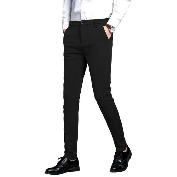 Plaid&Plain Men's Stretch Dress Pants Slim Fit Skinny Suit Pants 7101 Black 32W32L