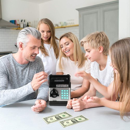 Adevena Electronic Piggy Bank, Mini ATM Password Money Bank Cash Coins Saving Box for Kids, Cartoon Safe Bank Box Perfect Toy Gifts for Boys Girls (Black)