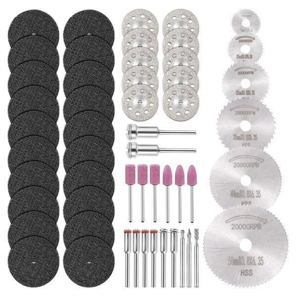 53𝙋𝙘𝙨 𝘾𝙪𝙩𝙩𝙞𝙣𝙜 𝙒𝙝𝙚𝙚𝙡 𝙎𝙚𝙩 for Rotary Tool, GOXAWEE 1/8’’ Shank 545 Diamond Cutting Wheel, Mini HSS Cut Off Saw Blades, Resin Cutting Discs with Mandrels for Stone Wood Metal