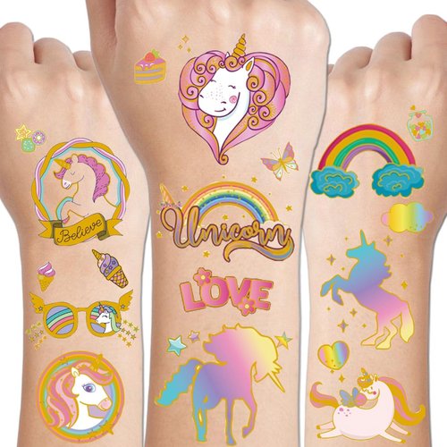 CHARLENT 65 Glitter Styles Unicorn Temporary Tattoos for Kids Party Supplies - 6 Sheets Glitter Unicorn Tattoos for Girls Unicorn Birthday Party Favors Goodie Bag Fillers