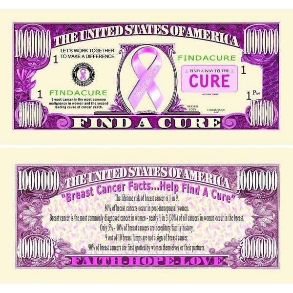 5 “Find A Cure” Million Dollar Bills with Bonus “Thanks a Million” Gift Card Set