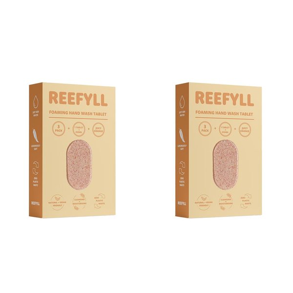Reefyll Foaming Hand Soap 3 Refill Tablets, Dissolvable Plastic Free Hand Wash Pods, Just Add Water to Transform to Velvety Foam, Juicy Orange Scent Duo Pack