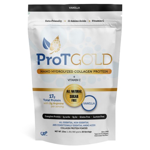 ProT Gold Collagen Protein Powder, 17g Protein Nano-Hydrolyzed Grass Fed Collagen, Vitamin C, 2g Arginine for Wound Support, Gluten Free, All Natural, Fat and Sugar Free, 0g Carbs, Vanilla, 23 oz, 30