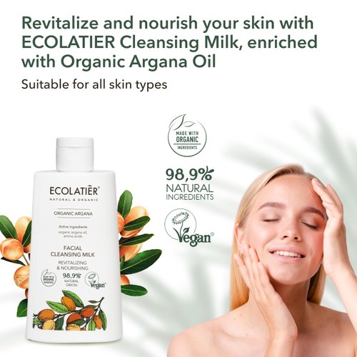 ECOLATIÈR Revitalizing & Nourishing Facial Cleansing Milk with Organic Argana Oil, 250ml - 98.9% Natural, Vegan - Cleanses, and Nourishes for Radiant Skin - 8.5 Fl Oz