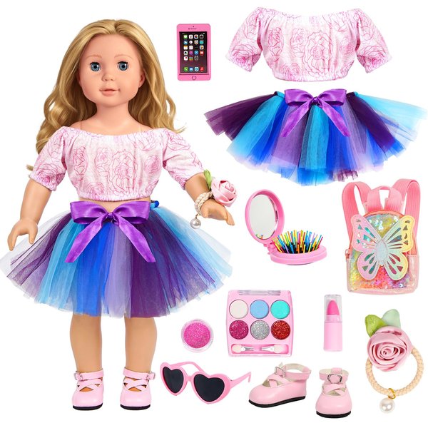 11Pcs American 18 Inch Doll Clothes and Accessories Makeup Set Includes 18 Inch Doll Clothes Shoes Backpack Comb Hair Tie Lipstick Sunglasses Phone for Generation Dolls(Doll Not Included)