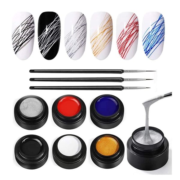 6 Colors Spider Gel, XOINLLA Painting Elastic Drawing Spider Gel , Soak off UV LED Gel Polish, Drawing Nail Gel for Line, DIY Nail Art Manicure with Draw Brush