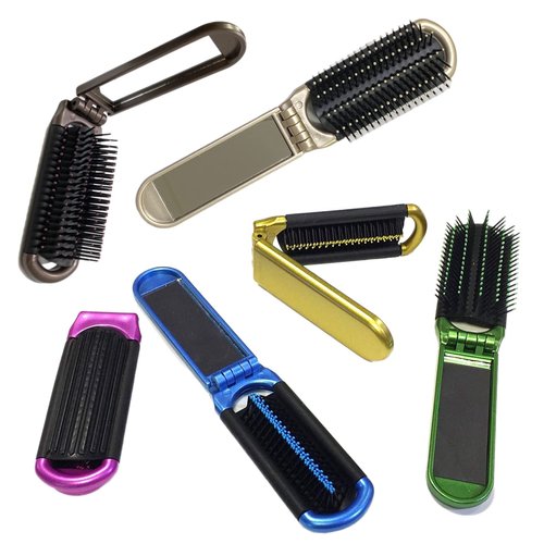 ALAZCO 2 Assorted Colors Folding Hair Brush With Mirror Compact Pocket Size Travel Car Gym Bag Purse Locker Swimming Camping Sleepover Gift and more