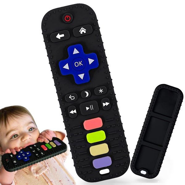 Jkevow Baby Teething Toys, Silicone Teethers Toys for Babies 0-24 Months, Remote Control Shape Baby Teethers Chew Toys, BPA Free Freezable Relief Molars Gums Pain (Black)