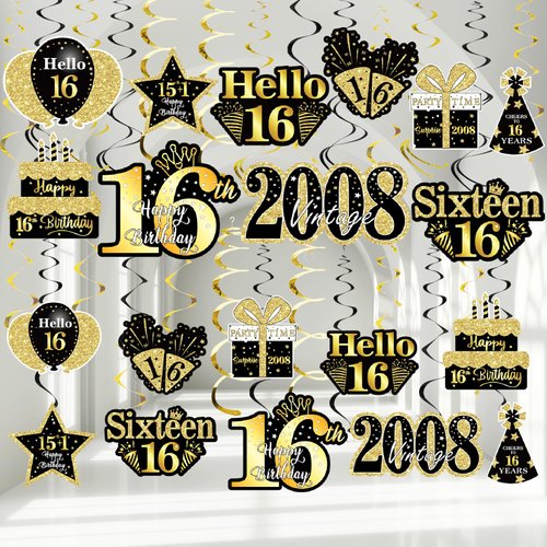 36PCS Black Gold 18th Birthday Decorations Hanging Swirls for Boys Girls,Happy 18th Birthday Party Supplies Vintage 2006 Foil Swirls,Eighteen Year Old Birthday Ceiling Hanging Decorations Sign Decor