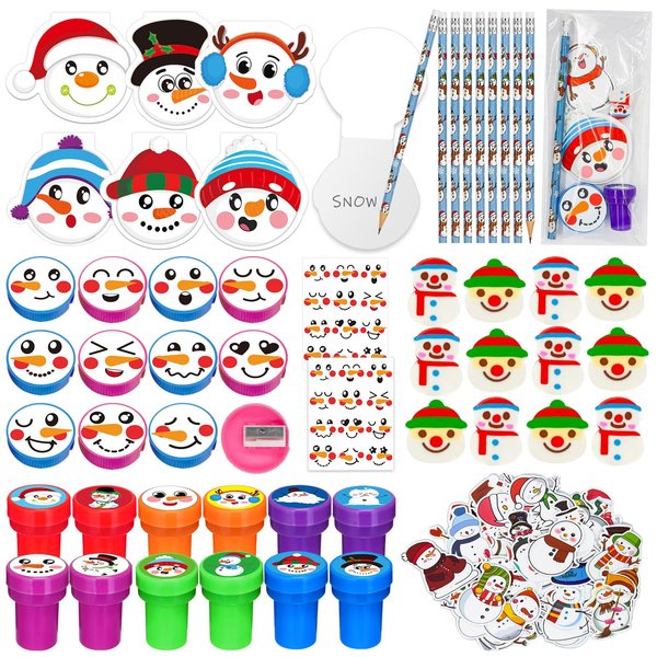 Cinrobiye 194 Pcs Christmas School Stationery Set Xmas Classrooms Exchange Stationery Party Favors Class Reward Prizes Notebooks Pencils Sharpener Erasers Stickers Stamps for Party Supplies (Snowman)