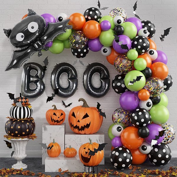Halloween Balloons Garland Arch Kit,Orange Purple Green Black Confetti Balloons with Bat Foil Balloons for Kids Halloween Birthday Hocus Pocus Party Decorations…