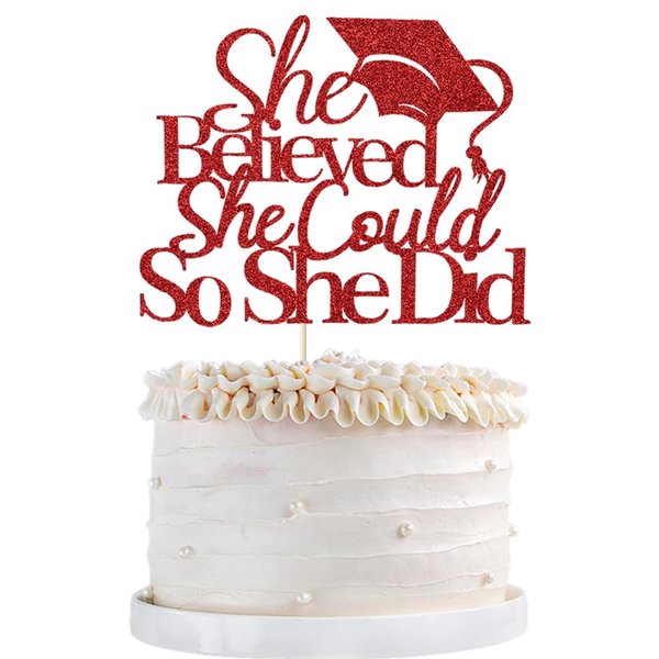 Qertesl She Believed She Could So She Did Cake Topper,2024 Graduation Cake Topper,Graduation Decorations for Girls,2024 High School/College/University Graduation Party Decoration Supplies. (red)