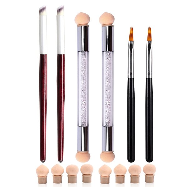 JERCLITY 6pcs Acrylic Ombre Nail Brush Set Double Head Nail Sponges for Ombre Pen With 8 Sponge Heads Wooden Gel Builder Ombre Brush for Nails Art Design Brushes Tools