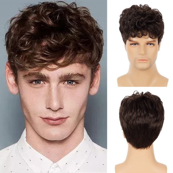 Swiking Men Brown Short Wigs Curly Fluffy Natural Synthetic Hair with Bangs Daily Full Wig for Male Guy