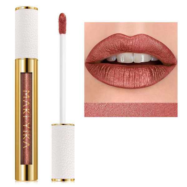 MAKI YIKA Metallic Lipsticks Long Lasting Brown Lipstick for Women, High Shine Glitter Lipstick No Smudge Transferproof Full-Coverage Liquid Lip Gloss (BR09 Celebration)