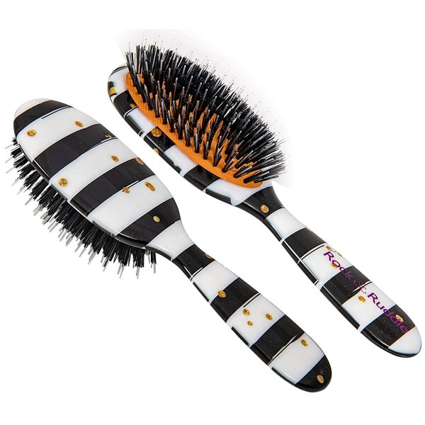Rock & Ruddle Natural Mixed Boar Bristle Hair Brush for Women Kids (Small 6.9") - Perfect for Wet or Dry Hair, Detangling Smoothing Blowdrying - Designed, Made in UK - Black White Stripes Gold Dots Design