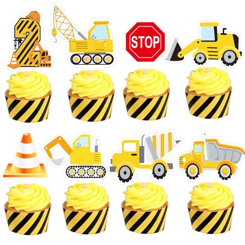 48pcs Construction 2nd Birthday Party Decorations Construction Cupcake Toppers for Boys Girls 2nd Birthday Toy Party Supplies Construction Cake Topper Party Decoration.