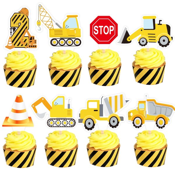 48pcs Construction 2nd Birthday Party Decorations Construction Cupcake Toppers for Boys Girls 2nd Birthday Toy Party Supplies Construction Cake Topper Party Decoration.