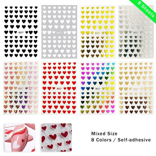 8 Sheets Heart Love Nail Art Stickers Decals 3D Self-Adhesive Nail Art Stickers Heart Love Nail Art Decorations Stars Decals Manicure Accessories (Heart)