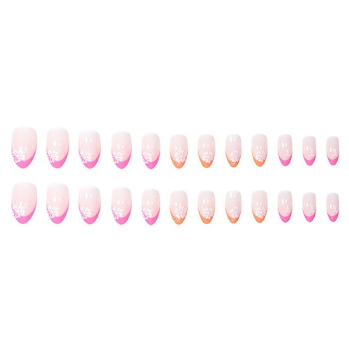 French Tip Press on Nails Short Almond SWEKKE Fake Nails Full Cover Flower False Nails with Designs Pink Yellow Nail Tip Glossy Glue on Nails Acrylic Nails Artificial Nails for Women Girls 24Pcs
