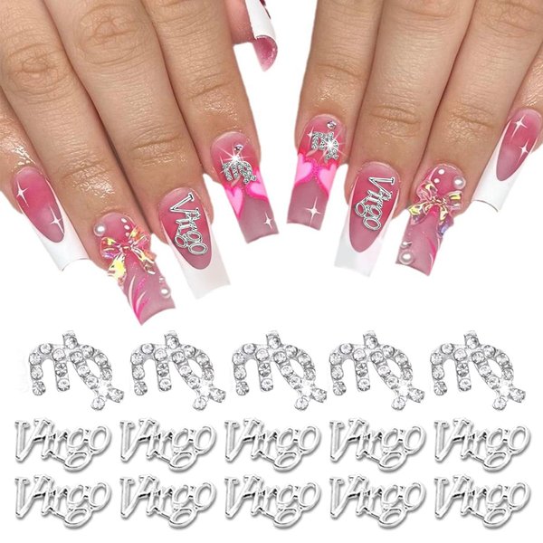 MOLILON 15pcs 3d Silver Virgo Nail Charms 5pcs Zodiac Signs and 10pcs Zodiac Letter Nail Studs Rhinestones Crystal Alloy Twelve Constellation Charms for DIY Crafts Jewelry Decoration Nail Supplies