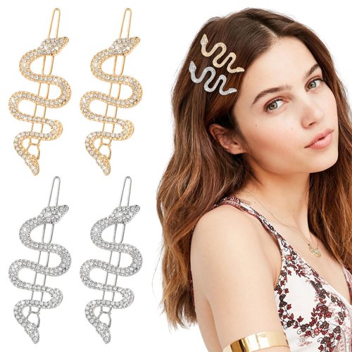 Mabor 4Pcs Snake Hair Clip, Gold Silver Snake Hair Pins with Sparkly Rhinestones Cool Hair Clips Metal Hair Jewelry for Styling Vintage Snake Hair Accessories for Women Girls