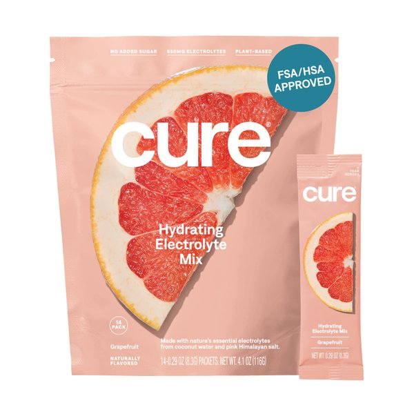 Cure Hydrating Plant Based Electrolyte Mix | Powder for Dehydration Relief | FSA & HSA Eligible | Made with Coconut Water | No Added Sugar | Vegan | Paleo Friendly | Pouch of 14 Packets - Grapefruit