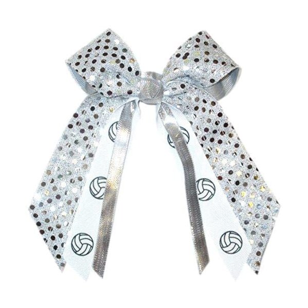 Volleyball Sequin Hair Bow, Made in the USA, White Pony Band (Metallic Silver), many colors