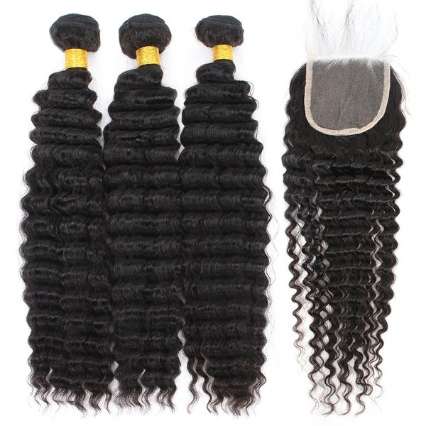 12A Deep Wave Bundles with Closure (14 16 18+12") 100% Unprocessed Virgin Brazilian Pineapple Deep Wave Human Hair Bundles with Closure Natural Color