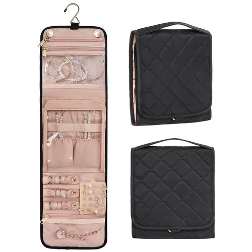 Travel Jewelry Organizer Case Jewelry Travel Pouch for Rings Storage, Earrings, Necklaces, Bracelets, Brooches, Foldable Travel Jewelry Roll Hanging Jewelry Bag Roll (Black, Small)