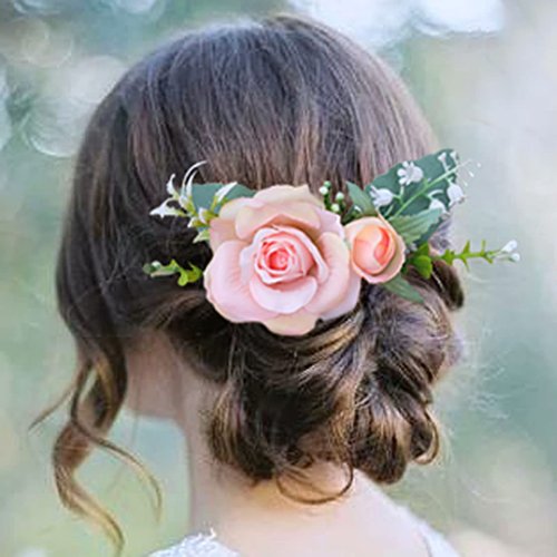 Fangsen Wedding Rose Flower Hair Comb Bridal Headpiece Floral Hair Accessories for Brides and Bridesmaids (Pink)