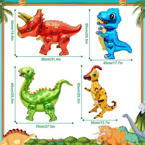 4Pack Giant Self Standing Dinosaur Foil Balloons for Dinosaur Birthday Party Supplies Decorations