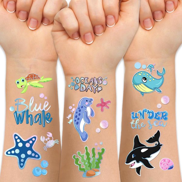 Ocean Sea Animal Temporary Tattoos For Kids, 104 Metallic Style Shiny Bronzing Fake Tattoo Stickers For Boys Girls Birthday Party Favor, Shark Shell Dolphin Crab Realistic Waterproof Tattoo