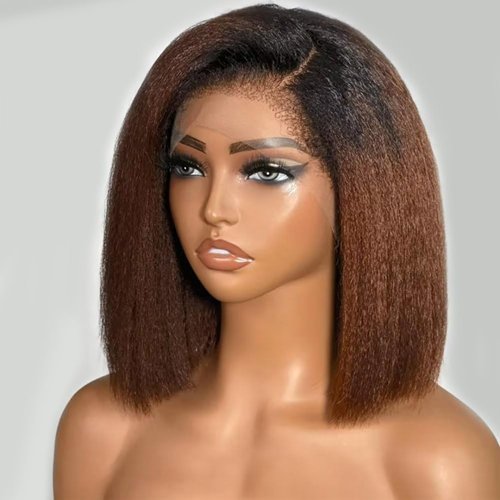 ANONLYLUX Ombre Brown Kinky Straight Short Bob Wig Human Hair 13x6 Yaki Straight Lace Front Wigs for Women Brazilian Virgin Yaki Human Hair Wigs Blunt Cut Bob Pre Plucked with Baby Hair 12 Inch