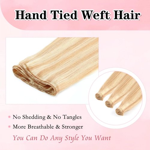 ABH AMAZINGBEAUTY HAIR Hand Tied Weft Hair Extensions Human Hair Highlighted Sew in Hair Extensions Remy Human Hair Weft Extensions Platinum Dark With Dirty Blonde Highlights P12-60, 50 Gram, 18 Inch