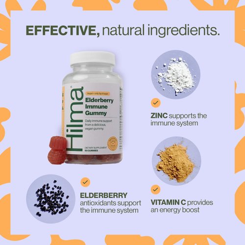 Hilma Elderberry Gummies Formulated with Vitamin C & Zinc - Natural, Vegan + Clinically Proven Ingredients - Immune Support Supplement + Antioxidants - Natural Berry Flavor (60 Gummies)