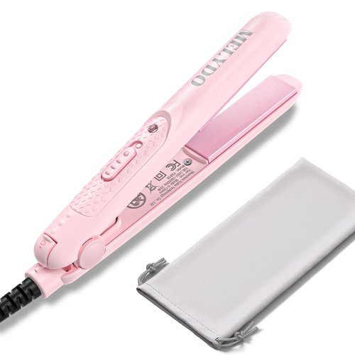 MELYDO Mini Portable Flat Iron, 0.7 Inch Dual Voltage Hair Straightener - Small Flat Irons Hair Straightener for Short Hair, Curls Bangs, Worldwide Use Travel Flat Iron, Pink